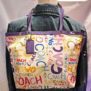Coach Purple Trim Colorful Graffiti Tote
